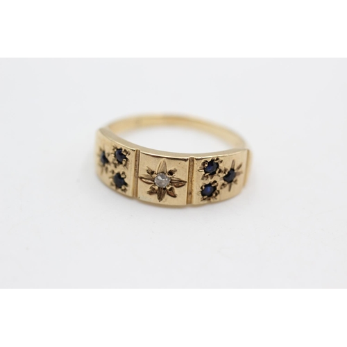 3 - A 9ct gold sapphire and diamond seven stone star etched gypsy setting ring, size R - approx. gross w... 