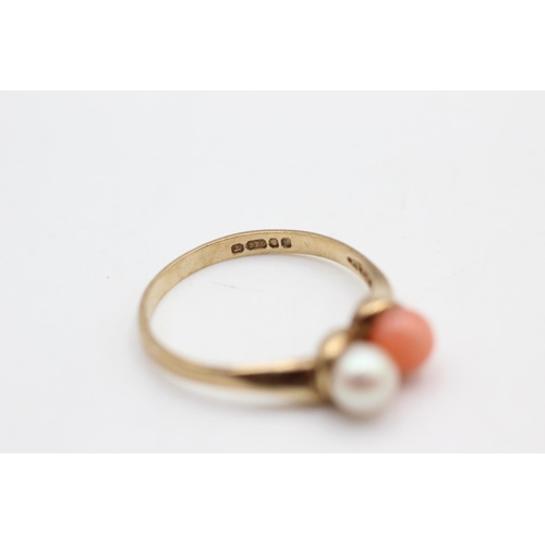 40 - A hallmarked London 9ct gold pearl and coral two stone dress ring, size O - approx. gross weight 1.7... 