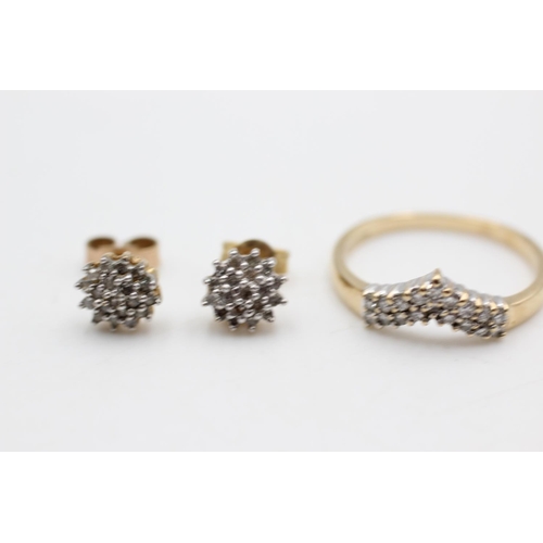 61 - Two 9ct gold diamond cluster items, one pair of stud earrings and and one wishbone ring, size L½ - a... 