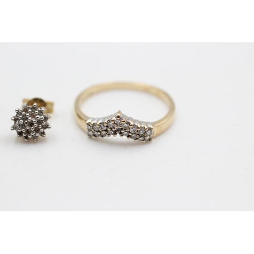 61 - Two 9ct gold diamond cluster items, one pair of stud earrings and and one wishbone ring, size L½ - a... 