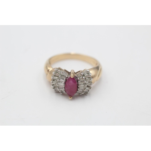 7 - A hallmarked Birmingham 9ct gold ruby and diamond stepped cluster dress ring, size N½ - approx. gros... 