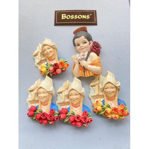 204 - Five Bossons chalk ware head wall plaques, four Tulip Time and one Rosa