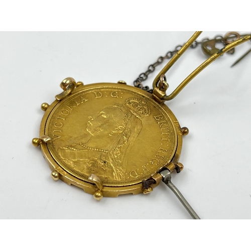 1151 - An 1887 Queen Victoria 22ct gold double sovereign with 15ct gold mount by D & Co. - approx. gross we... 