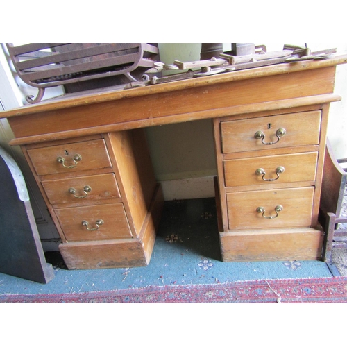 Small Pine Knee Hole Desk With Three Graduated Drawers Either Side