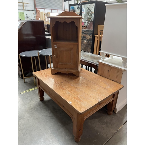 32 - Pine bedside cabinet (75H 38W 27D cm) & pine coffee table (43H 97W 66D cm)