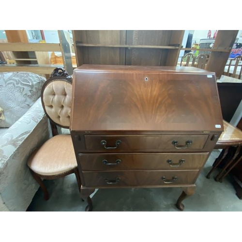 10 - Mahogany bureau with 1 key (100H 75W 445D cm) & upholstered button back bedroom chair