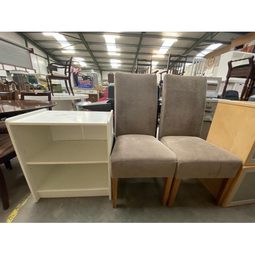 14 - White bookcase (72H 69W 38D cm) & 2 upholstered lounge chairs