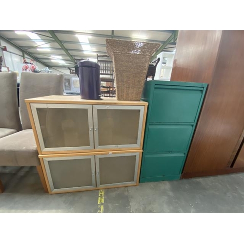 15 - 2 2 Door beech effect units (85H 85W 37D cm), painted metal 3 drawer filing cabinet (102H 47W 62D cm... 