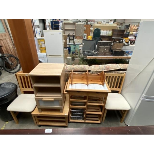 34 - 2 Beech kitchen chairs, pine tile topped kitchen trolley 84H 68 38D , beech effect coffee table 40H ... 