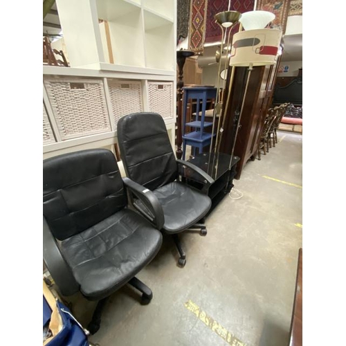 43 - 2 Swivel office chairs, black television stand, 3 standard lamps & brass curtain pole