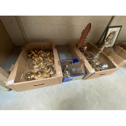 Box inc. copper brass & plated ware, box of brass bathroom fittings & box of assorted door furniture