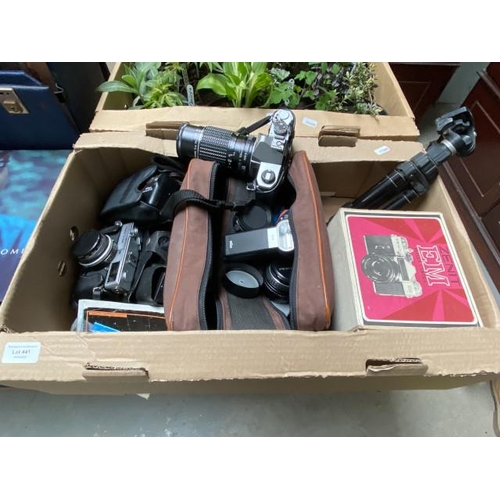 Box of cameras & accessories inc. Olympus 35SP, Pentax MX, Nikon TW zoom 35.70AF, Slick tripod etc