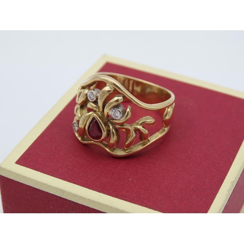 18 Carat Yellow Gold Diamond and Ruby Set Ladies Ring Attractively Detailed Ring Size P Weight Approximately 9.5g