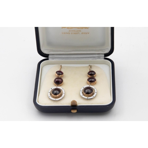 131 - Antique Ladies 18 Carat Gold Set Enamel Decorated Garnet Three Drop Earrings Cabochon Cut Attractive... 