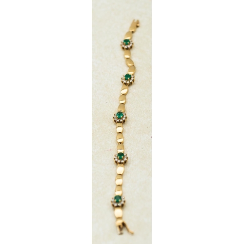 446 - Emerald and Diamond Decorated Ladies 18 Carat Yellow Gold Bracelet Articulated Form