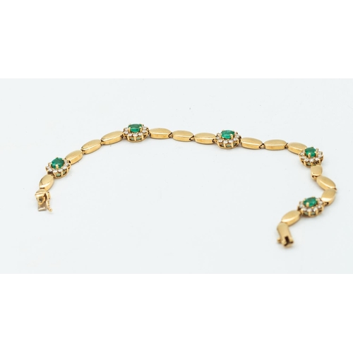 446 - Emerald and Diamond Decorated Ladies 18 Carat Yellow Gold Bracelet Articulated Form