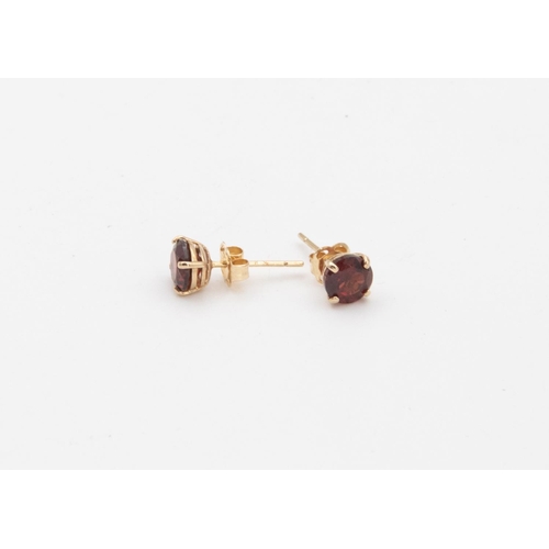 50 - Pair of 9 Carat Yellow Gold Set Single Stone Garnet Stud Earrings Circular Mixed Cut Garnets Claw Se... 