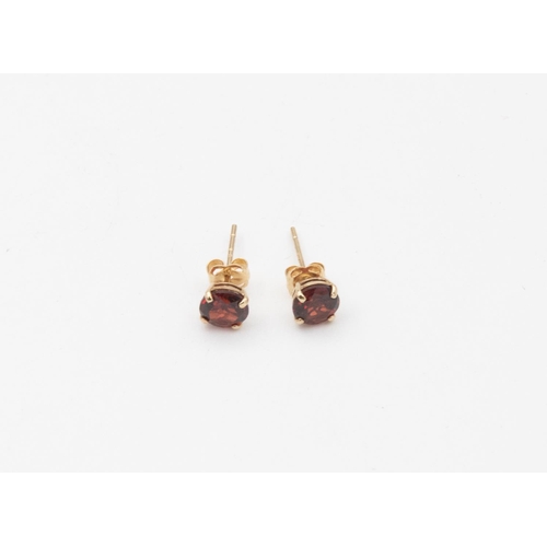 50 - Pair of 9 Carat Yellow Gold Set Single Stone Garnet Stud Earrings Circular Mixed Cut Garnets Claw Se... 