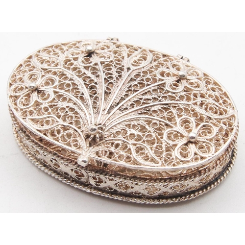 19 - Silver Filigree Decorated Oval Form Pill or Ring Box Attractively Detailed Approximately 3 Inches Wi... 