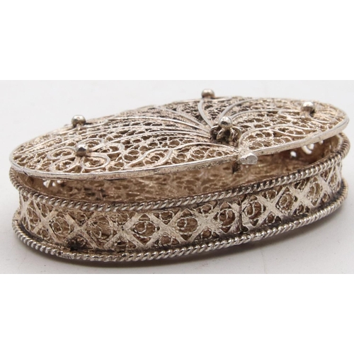 19 - Silver Filigree Decorated Oval Form Pill or Ring Box Attractively Detailed Approximately 3 Inches Wi... 