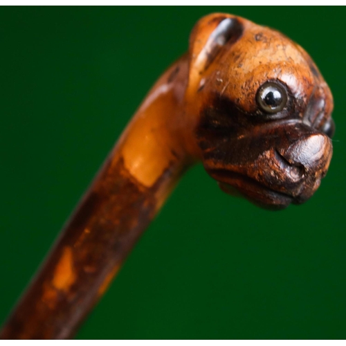 3 - Carved Walking Stick Walnut with Canine Motif Handle Full Size