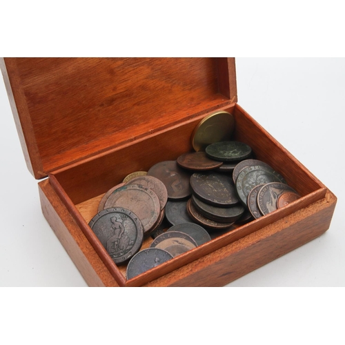 51 - Collection of Various Coins contained within Mahogany Box Leaf Detailing to Hinged Cover Quantity As... 