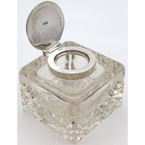 60 - Teak Edwardian Heavy Cut Crystal Ink Well with Silver Collar and Cover Hinged Form Hallmarked 1918 F... 