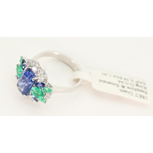 605 - Sapphire and Emerald Diamond Set Ladies Ring Mounted on 18 Carat White Gold Ring Size P