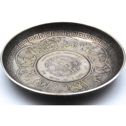 7 - Antique Silver Coin Dish Embossed Decoration Chinese Approximately 4 Inches Diameter