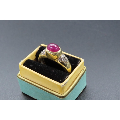 Ruby and Diamond Ladies Ring Mounted on 18 Carat Gold Band Ruby Cabochon Cut