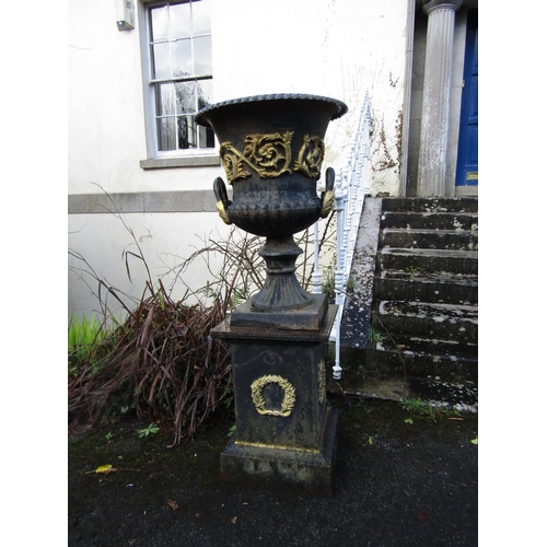 1 - Pair of Old Cast Iron Garden Urns on Plinth Bases with Laurel Leaf Motifs and Side Carry Handles to ... 