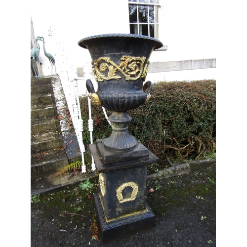 1 - Pair of Old Cast Iron Garden Urns on Plinth Bases with Laurel Leaf Motifs and Side Carry Handles to ... 