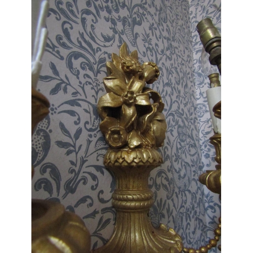329 - Pair of Carved Giltwood Three Sconce Wall Candelabra Each Approximately 18 Inches High Antique
