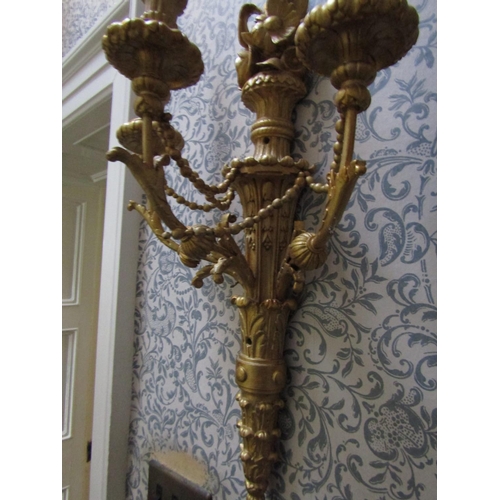 329 - Pair of Carved Giltwood Three Sconce Wall Candelabra Each Approximately 18 Inches High Antique