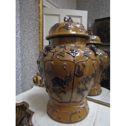 331 - Chinese Fired Earthenware Vase with Original Cover Signed Some Damages Approximately 24 Inches High
