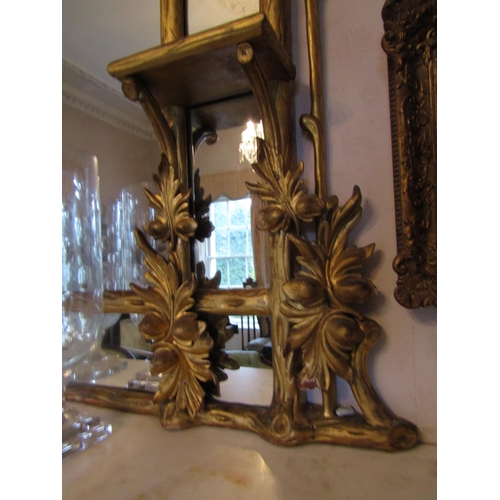 75 - Antique Gilded Overmantle Mirror with Twin Shelves to Either Side Finely Detailed Applied Leaf Motif... 