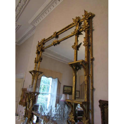 75 - Antique Gilded Overmantle Mirror with Twin Shelves to Either Side Finely Detailed Applied Leaf Motif... 