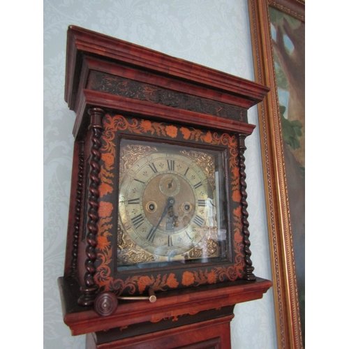 218 - Antique Marquetry Decorated Grandfather Clock Engraved Brass Dial Roman Numerals Weights and Pendulu... 