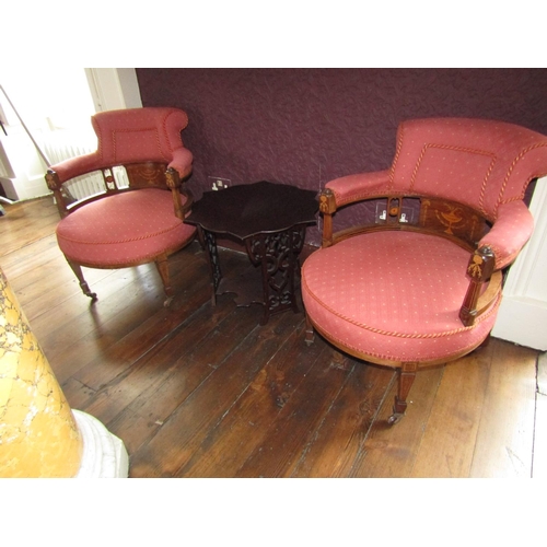 Pair of Victorian Tub Frame Library Armchairs Rosewood with Marquetry Decoration Well Carved Arm Supports