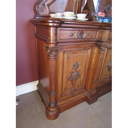 754 - Jones and Son of Dublin Carved Walnut Side Cabinet Generous Form with Two Tier Shelf Back above Four... 
