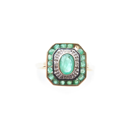 13 - Emerald and Diamond Ladies Panel Set Ring Mounted on 9 Carat Yellow Gold Ring Size O