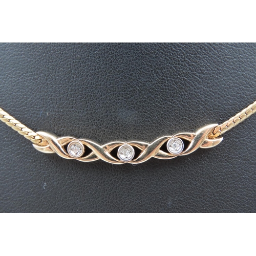 19 - Three Diamond Set 9 Carat Yellow Gold Ladies Necklace 41cm Long Attractively Detailed