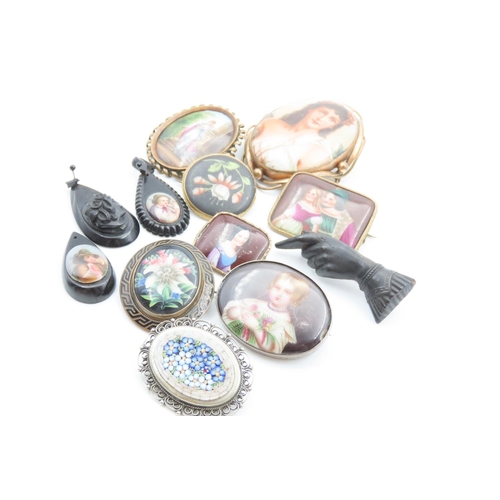 24 - Collection of Antique and Other Brooches and Pendants including Porcelain Portraits Pietra Dura Micr... 