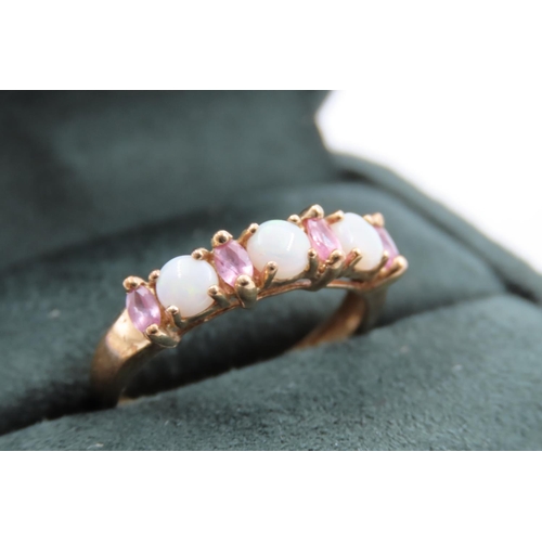 28 - Opal and Pink Sapphire Set 9 Carat Ladies Band Ring Size N and a Half