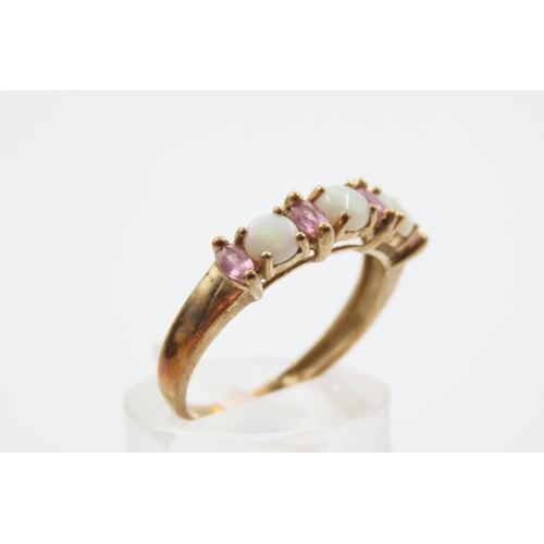 28 - Opal and Pink Sapphire Set 9 Carat Ladies Band Ring Size N and a Half