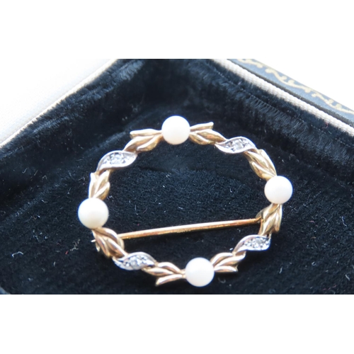 32 - 9 Carat Yellow Gold Pearl and Diamond Ladies Oval Form Brooch 3cm Wide