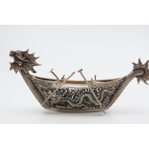 4 - Chinese Silver Model of Dragon Boat 10.5cm Width