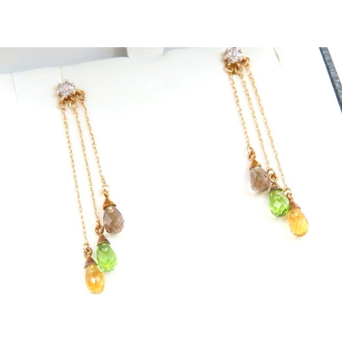 52 - Pair of 9 Carat Yellow Gold Diamond and Multigem Chain Drop Earrings Articulated Form Each 4.6cm Hig... 