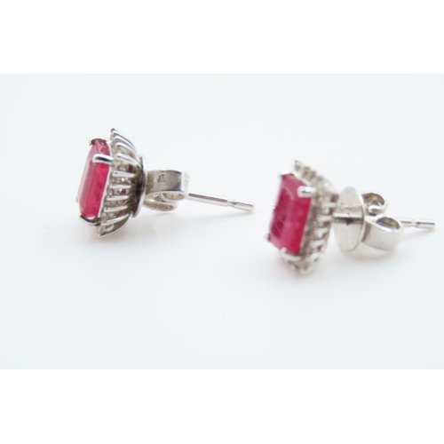8 - Pair of Ruby and Diamond Cluster Stud Earrings Mounted on 9 Carat White Gold Each Approximately 1cm ... 