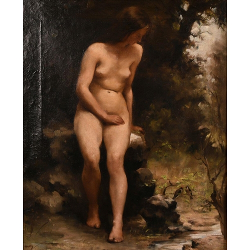 290 - 19th century continental school, A seated female nude by a stream watching a bird, oil on canvas, in... 